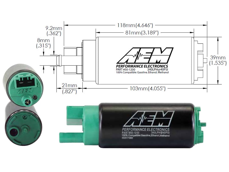 AEM 320LPH E85 HIGH FLOW IN-TANK FUEL PUMP (OFFSET INLET, INLINE)