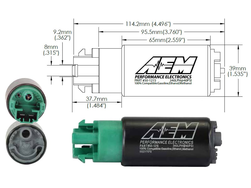 AEM 340LPH E85 HIGH FLOW IN-TANK FUEL PUMP (65MM WITH HOOKS, OFFSET INLET)